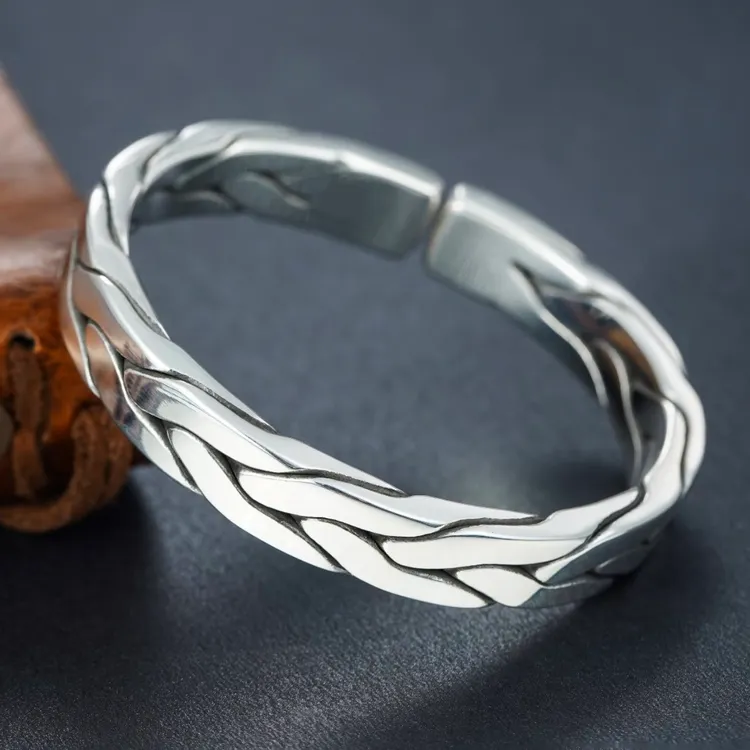 足银手镯 手工编织麻花男士999纯银手镯开口复古情侣银镯子送男友