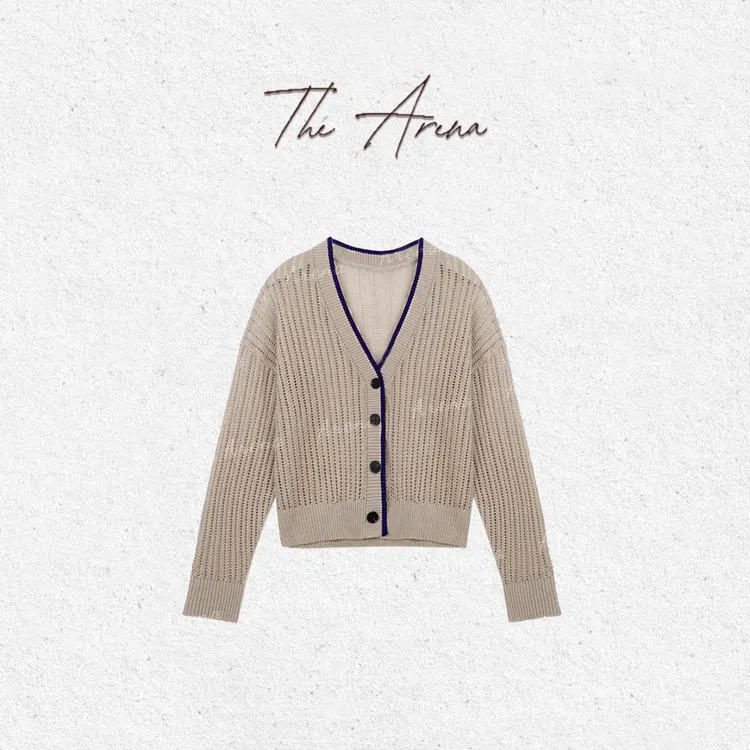 琥珀流光风“限定升级”亚麻镂空针织撞色锁边开衫XY-3796