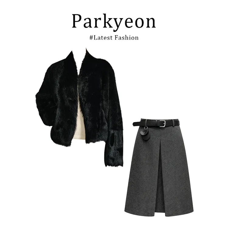 parkyeon韩系新款千金风毛毛绒洋气外套搭高级感半身裙秋冬女套装