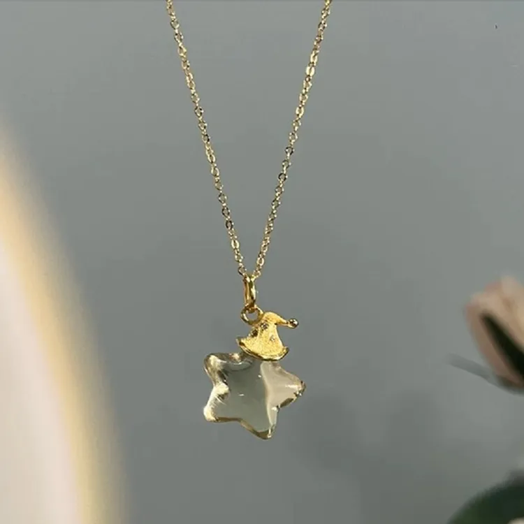 铜合金吊坠 金色拉丝戴帽子星星项链轻奢仿水晶五角星吊坠锁骨链
