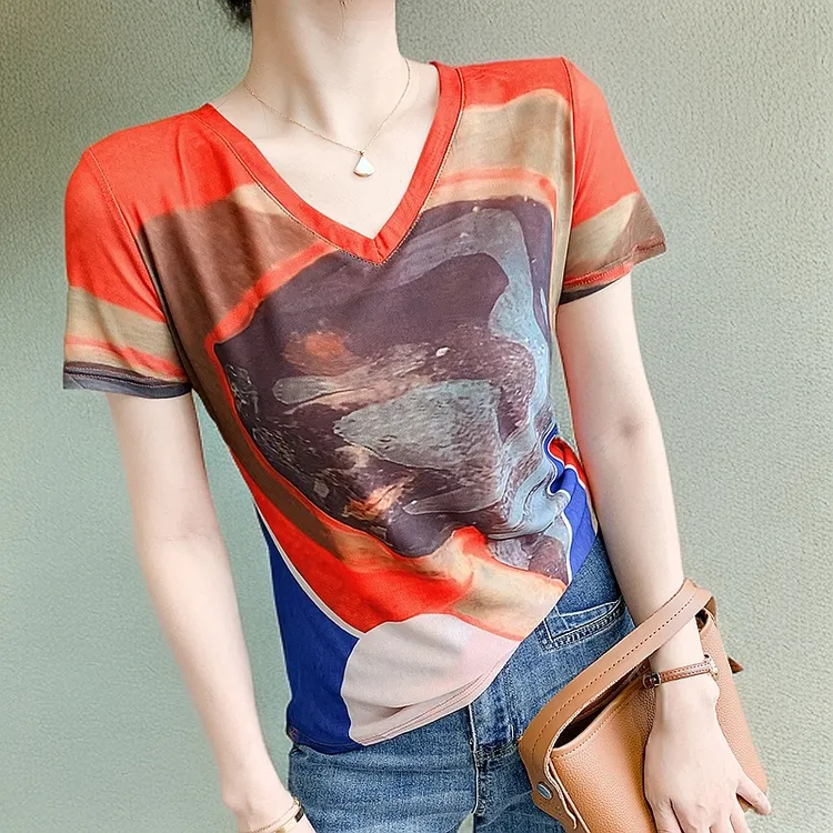  网红洋气炸街女装网纱短袖上衣爆款2025新款时尚百搭气质衣服t恤