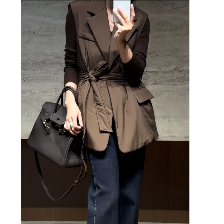 TANTAN 显瘦气质短款时尚系带设计真丝羊毛马夹3748