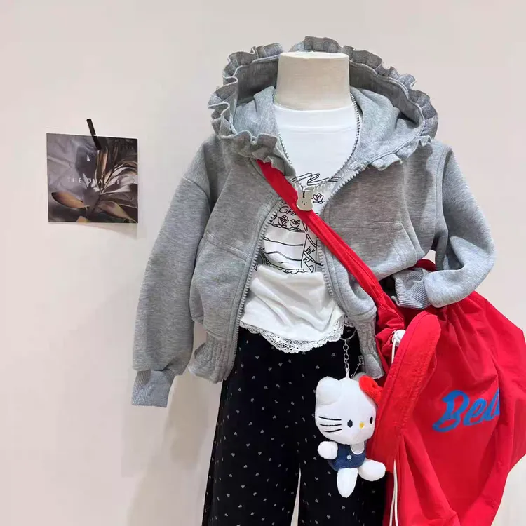 女童少女感花边卫衣2025秋季新款儿童韩版百搭甜美外套