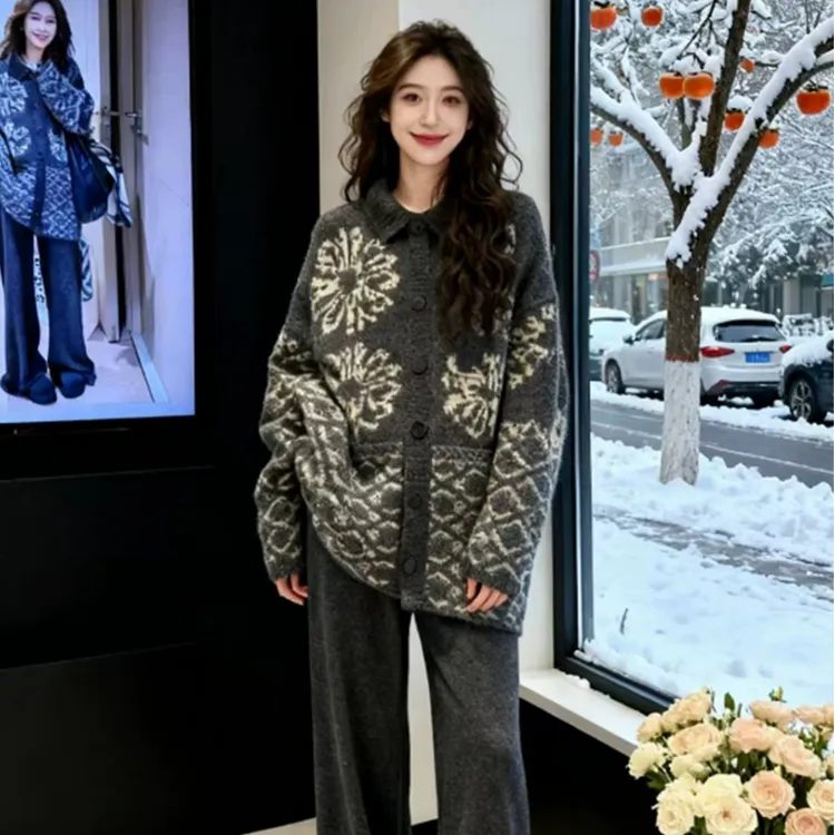 氛围感韩系复古费尔岛提花慵懒风毛衣女2025秋冬新款百搭针织开衫