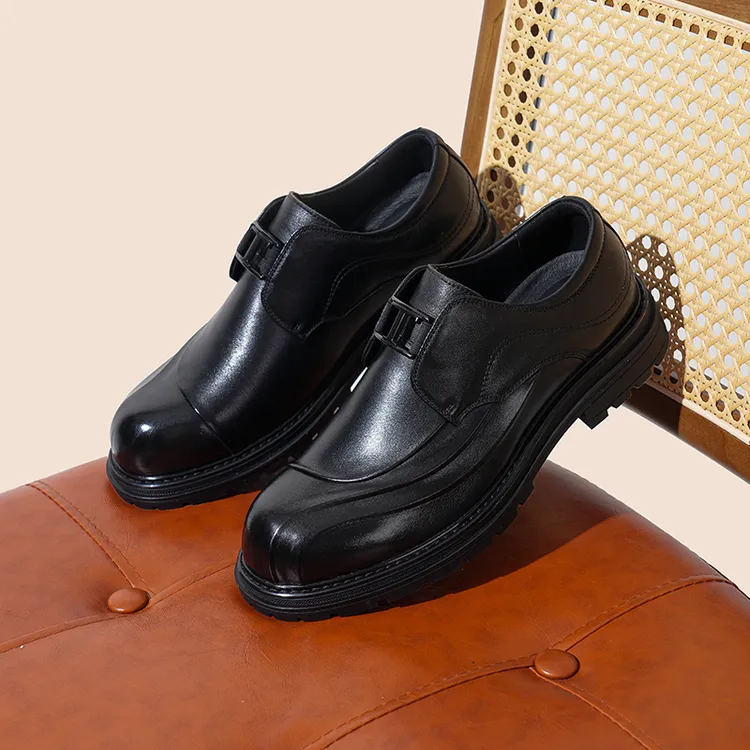 头层牛皮透气手工黑色时尚男鞋青年男士套脚商务休闲正装百搭皮鞋