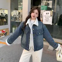 加绒加厚牛仔外套新款秋冬英伦风复古毛茸茸派克服8683
