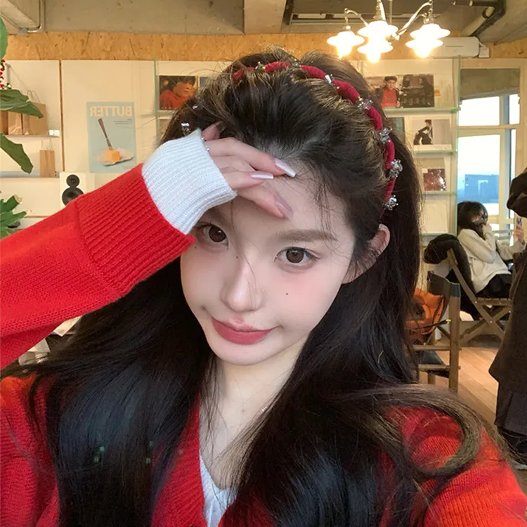 秋冬氛围感红丝绒水钻波浪发箍女高颅顶洗脸压发发卡带齿防滑头箍