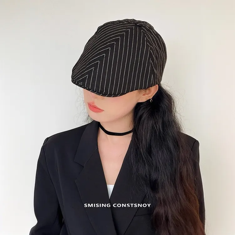 日系时髦复古条纹前进帽女夏季2025新款文艺休闲百搭情侣款贝雷帽