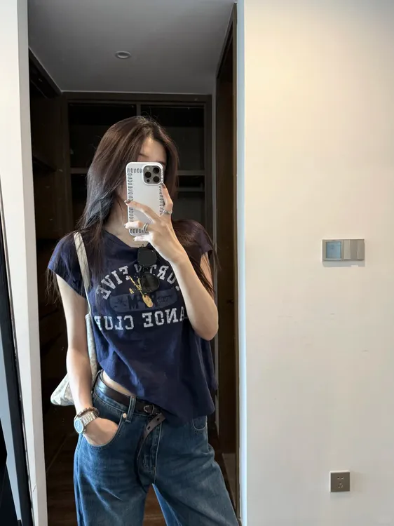 韩系休闲百搭宽松印花圆领短袖T恤短款女2025夏季直筒显瘦牛仔裤