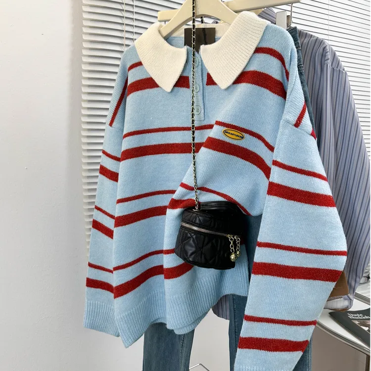 韩系撞色条纹贴标长袖翻领毛衣男女秋冬款宽松针织情侣学院风上衣