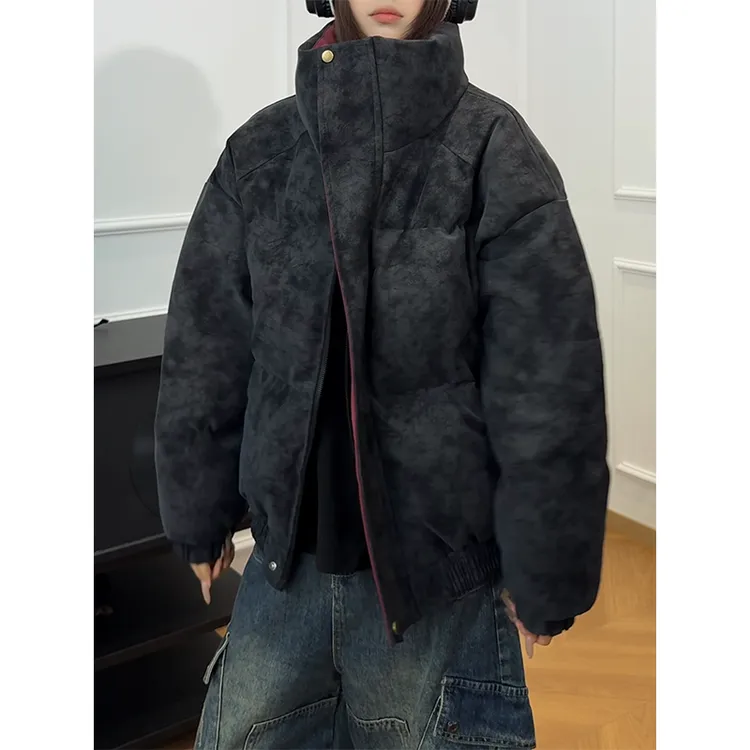 美式扎染皮衣棉服男款冬季加厚保暖立领棉衣痞帅高级感情侣装外套