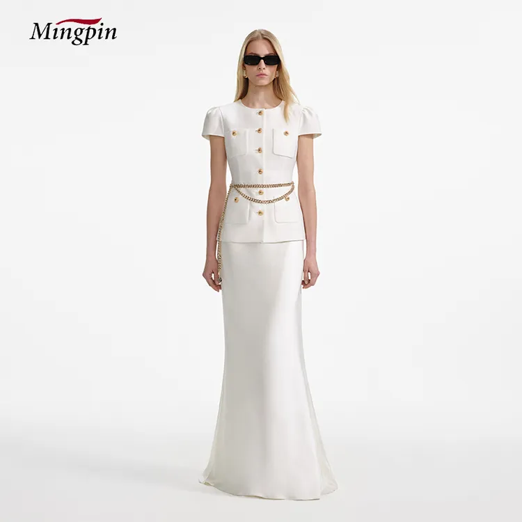 法式夏季短袖套装裙高级优雅气质圆领贴袋盖袖上衣潮流时尚鱼尾裙