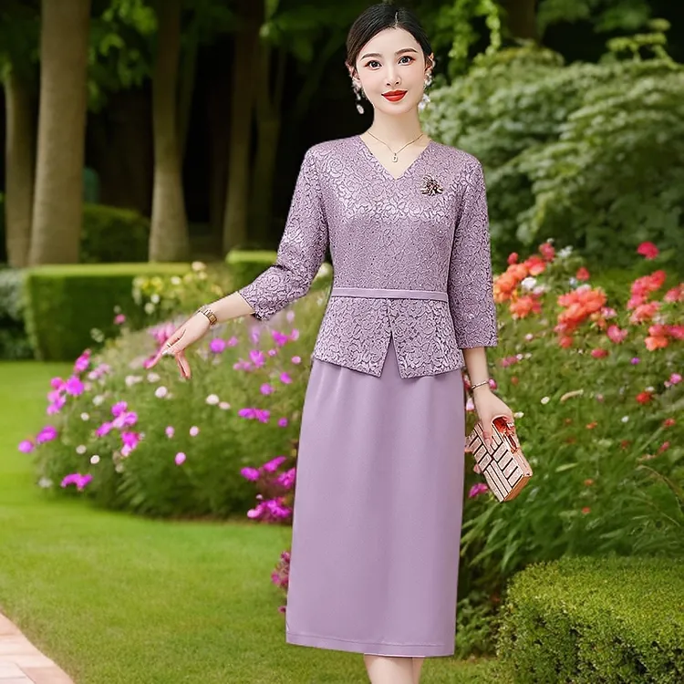 春秋假两件连衣裙喜婆婆婚宴装日常可穿2025新款高级感显瘦蕾丝裙