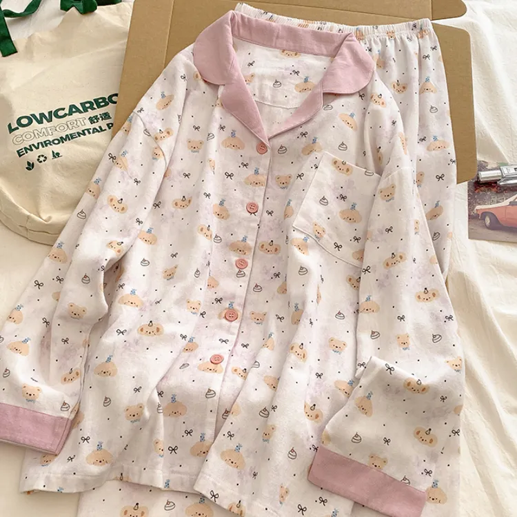 全棉双层纱睡衣女2025秋冬长袖开衫可爱纯棉家居服柔软套装磨毛