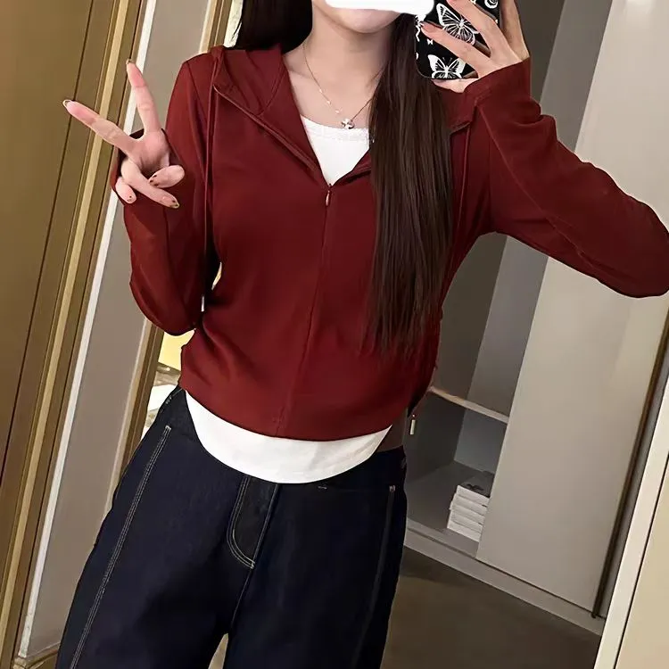 拼色连帽半拉链假两件长袖t恤2025秋季新款修身显瘦褶皱女装上衣