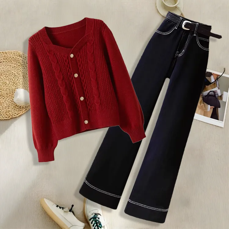 复古红色套头麻花针织衫女秋冬季爆款减龄气质时尚百搭休闲裤套装