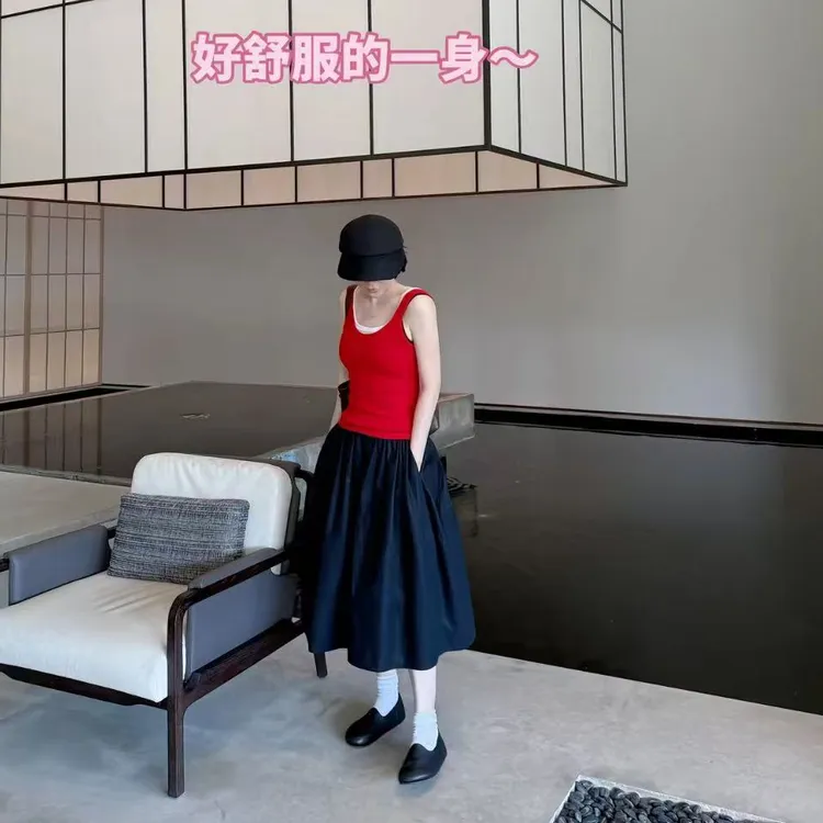 PM王囡囡 黑色松紧高腰简约垂感蓬蓬半身伞裙 ND1C1524
