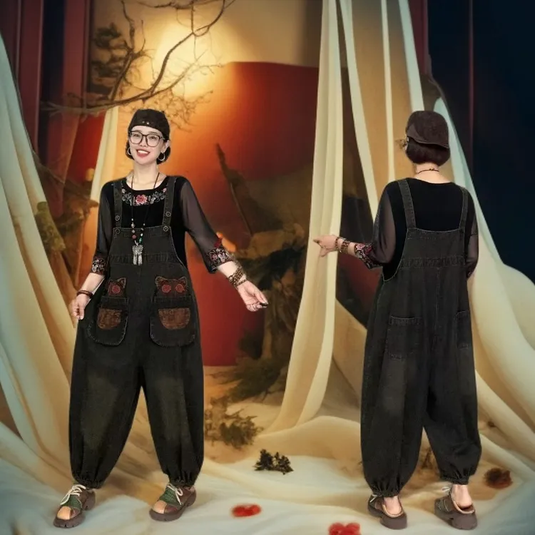 春秋百搭复古时尚刺绣牛仔背带裤休闲大码女装减龄宽松显瘦连体衣