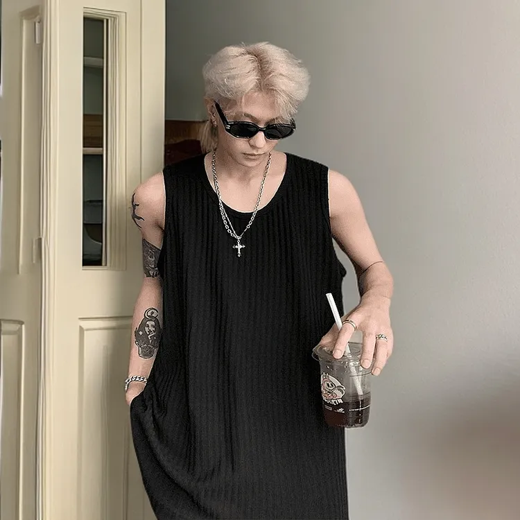 高级感螺纹背心男夏季韩版潮流打底衫肌理感痞帅运动宽松无袖T恤