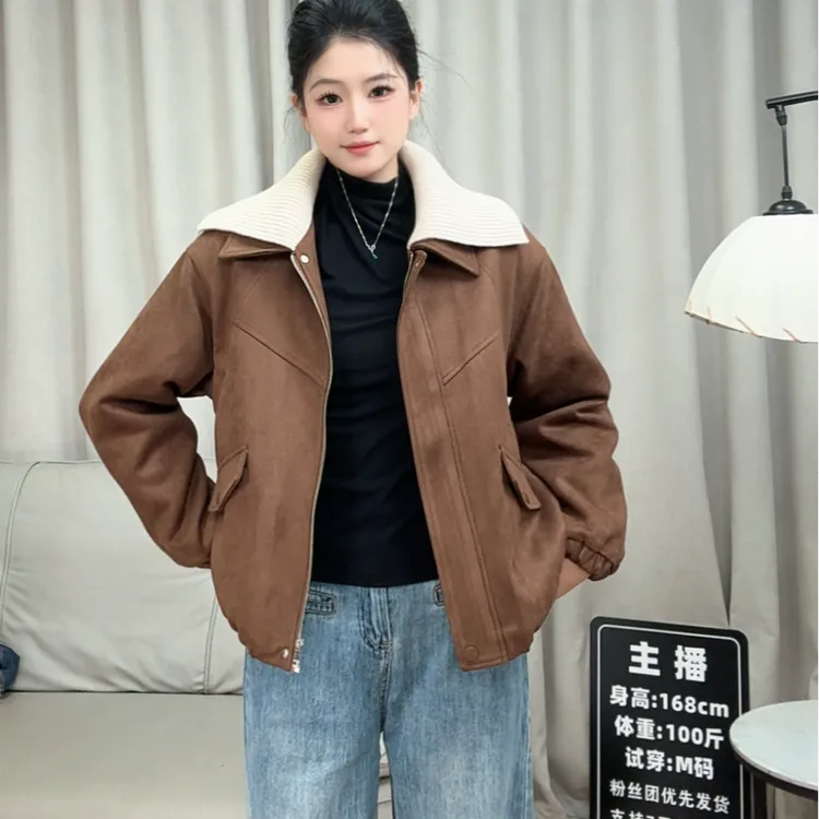 冬季新款牛皮绒翻领针织加绒加厚韩版百搭外套时尚女款夹克外套