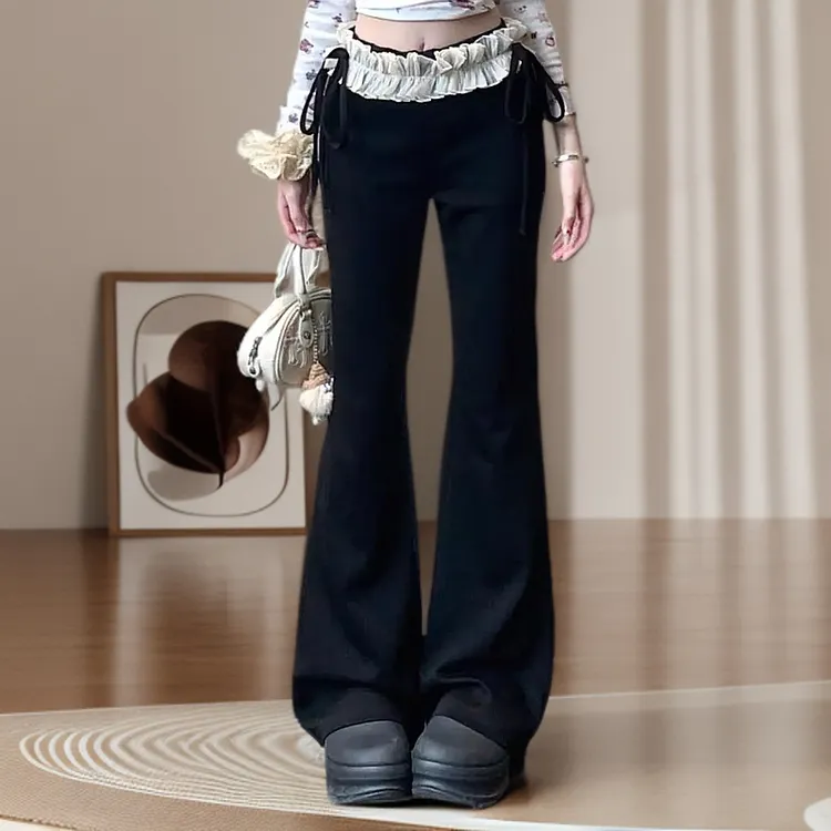 黑色蕾丝拼接花边微喇裤女春夏设计感高腰抽绳百搭垂感时尚喇叭裤