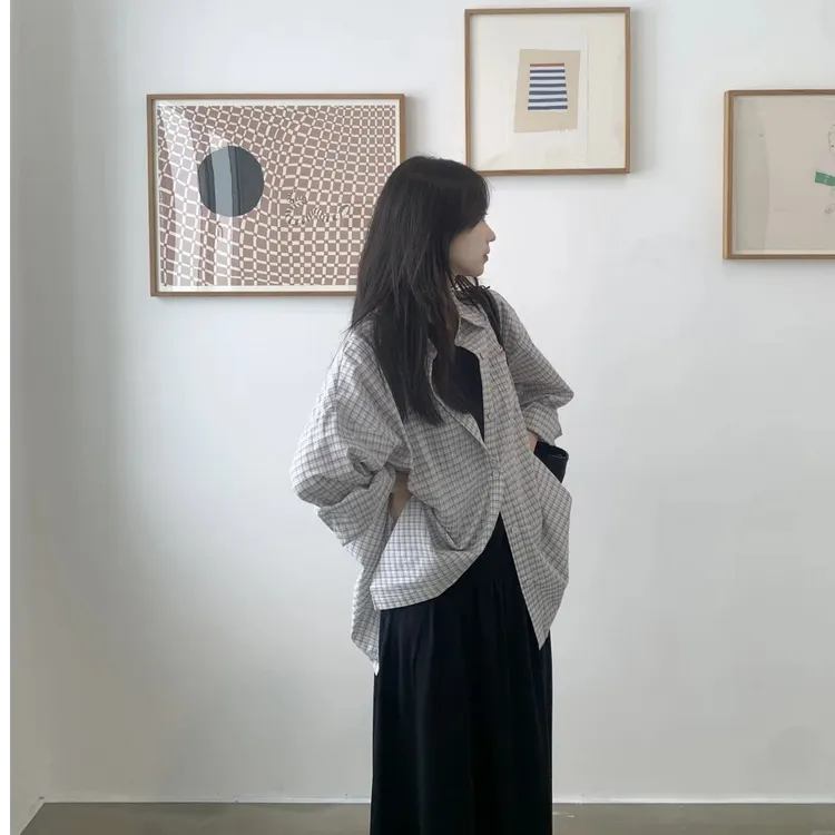 2025夏季韩系小众叠穿细格子POLO领长袖衬衫女春夏宽松百搭外套