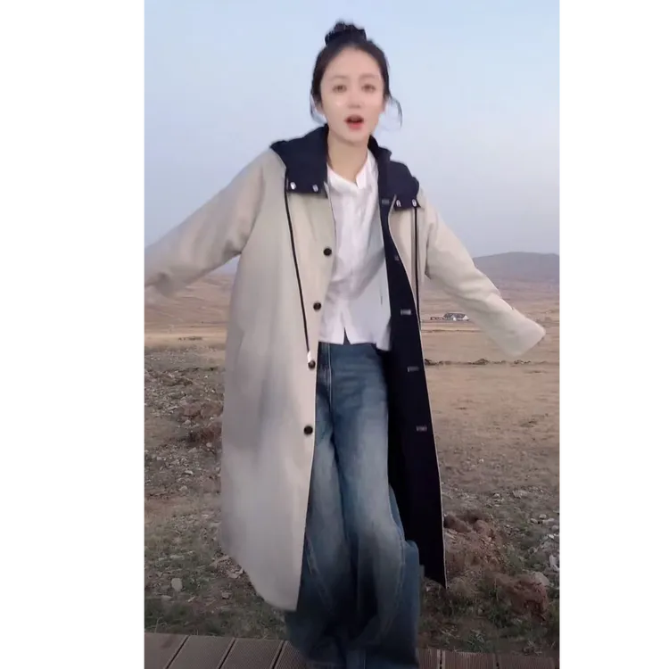 假两件连帽少女风韩系秋季英伦风气质时尚中长款风衣外套女-337PP