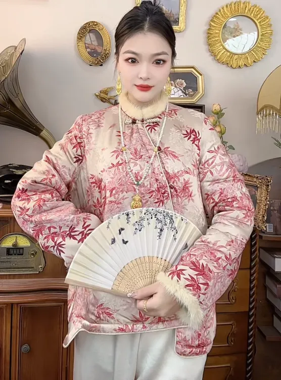 【762】秋冬新中式国风立领斜襟盘扣拼接毛边外套显瘦气质百搭上衣