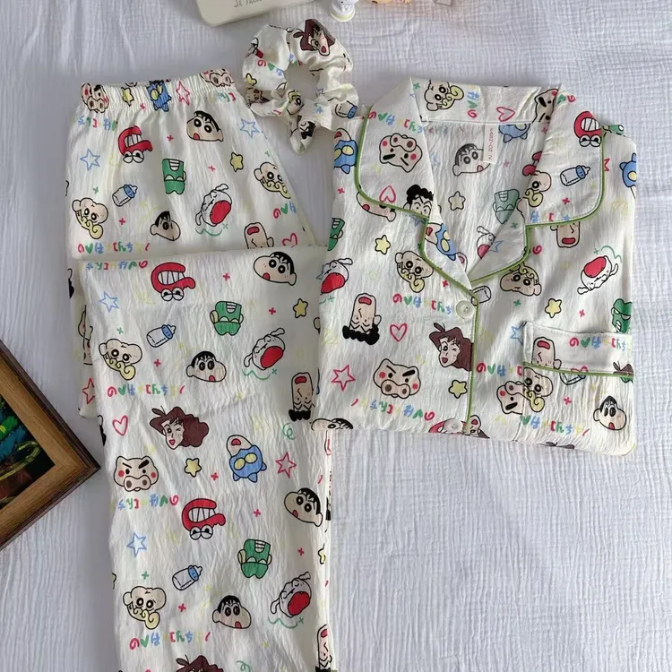 【送发圈】春秋长袖长裤开衫睡衣女翻领家居服女士卡通印花套装外穿