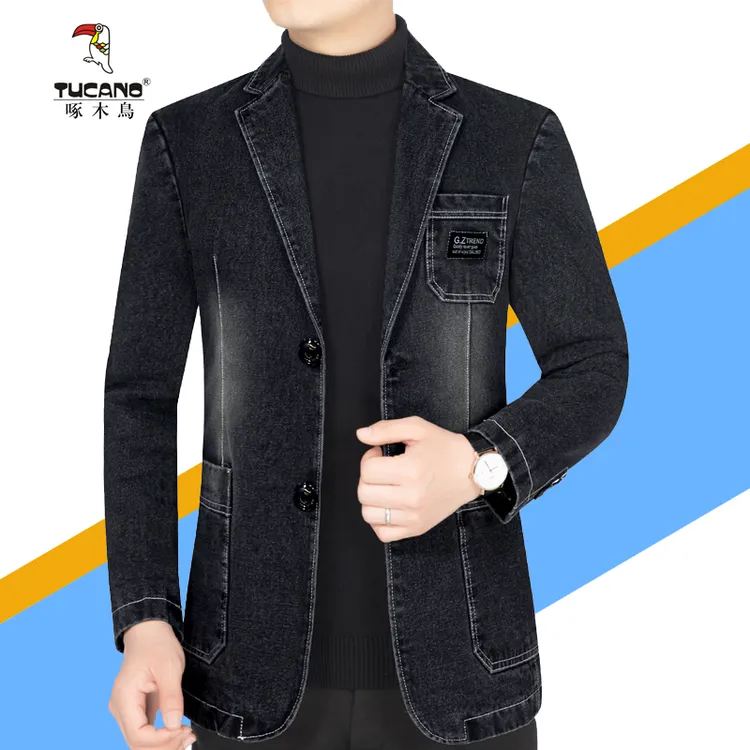 啄木鸟男式加绒牛仔西服外套中年修身西装领夹克商务休闲潮流单西