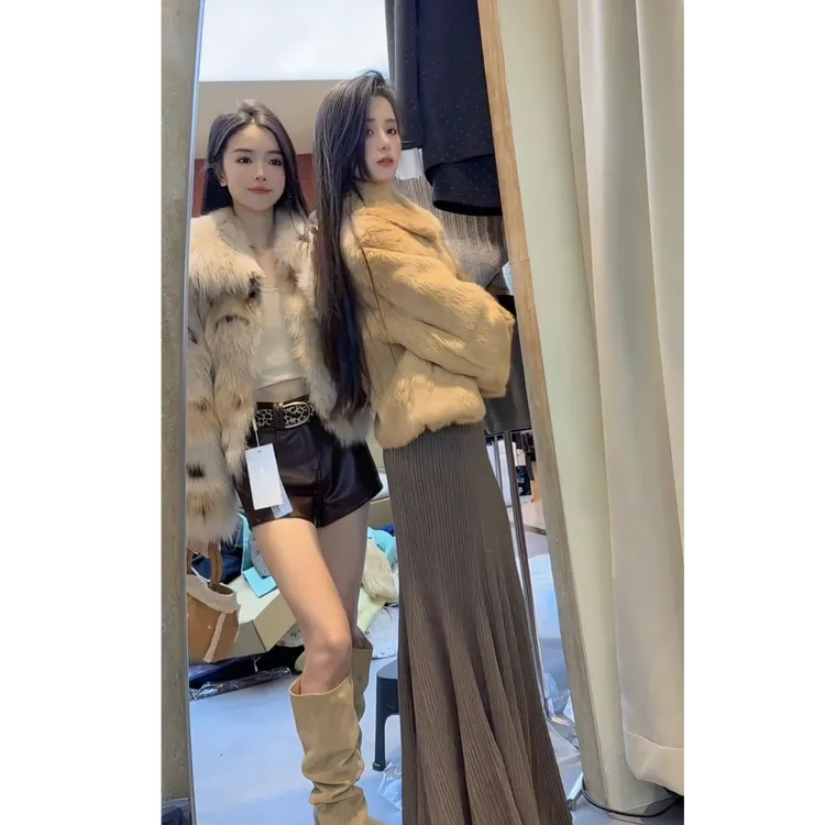 秋冬新款时尚气质【老钱风】短款高级感毛绒外套针织半身裙显瘦套装