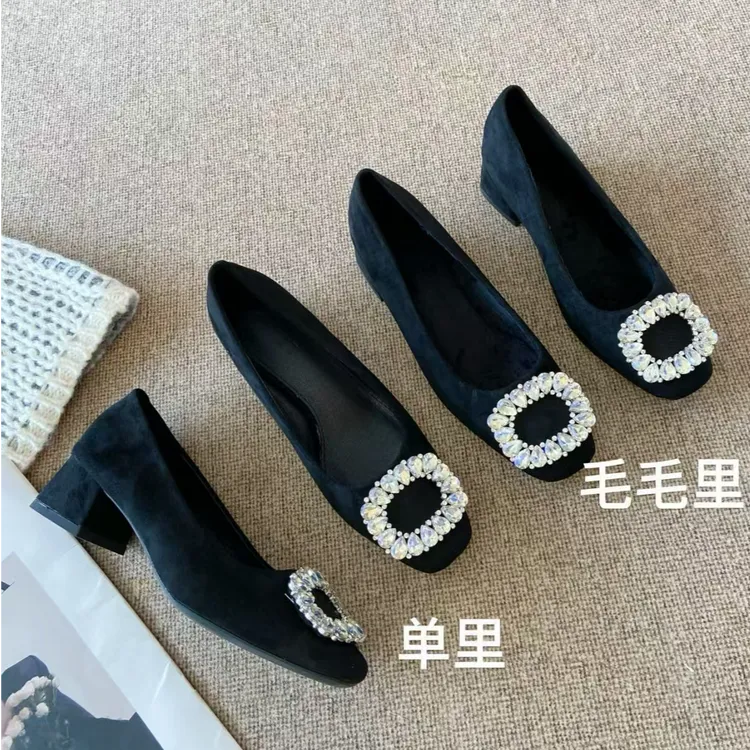 SUMI 轻奢高级感水钻绒面粗跟单鞋黑色女鞋时尚百搭秋冬季浅口