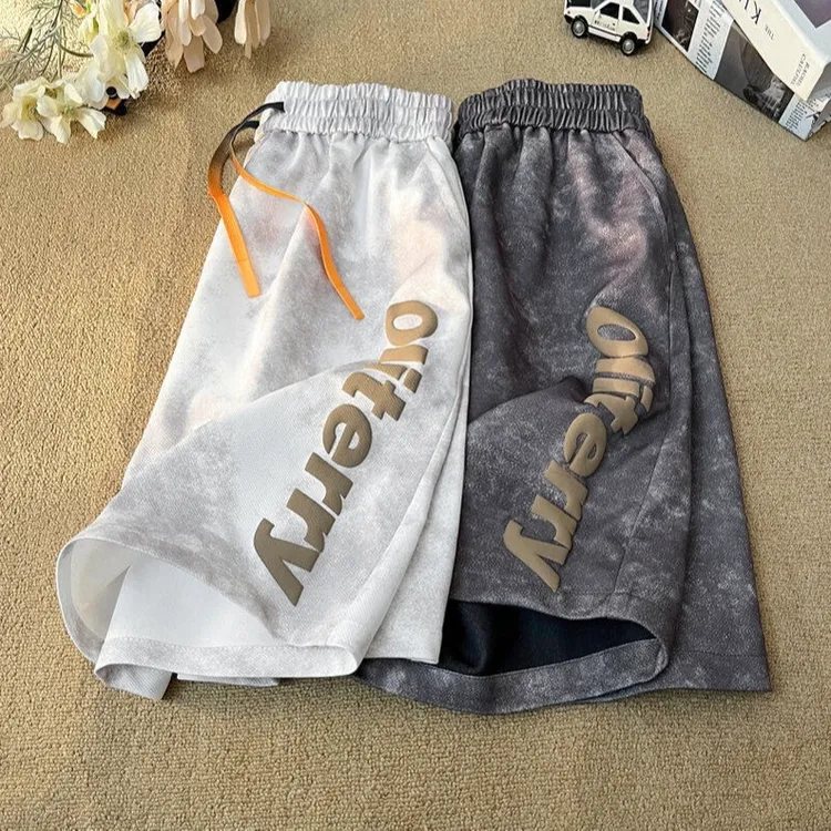 短裤男款夏季潮流扎染直筒高街休闲裤青少年美式印花五分运动裤