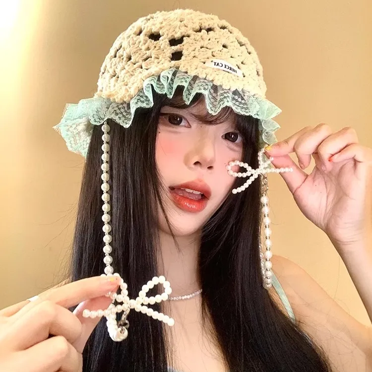 MISSKOI 蕾丝边镂空包头帽女春夏季薄款民族风显脸小针织套头帽子