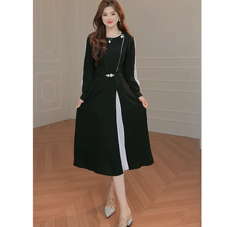 气质法式圆领长袖百褶连衣裙春季设计感收腰显瘦撞色裙3986#