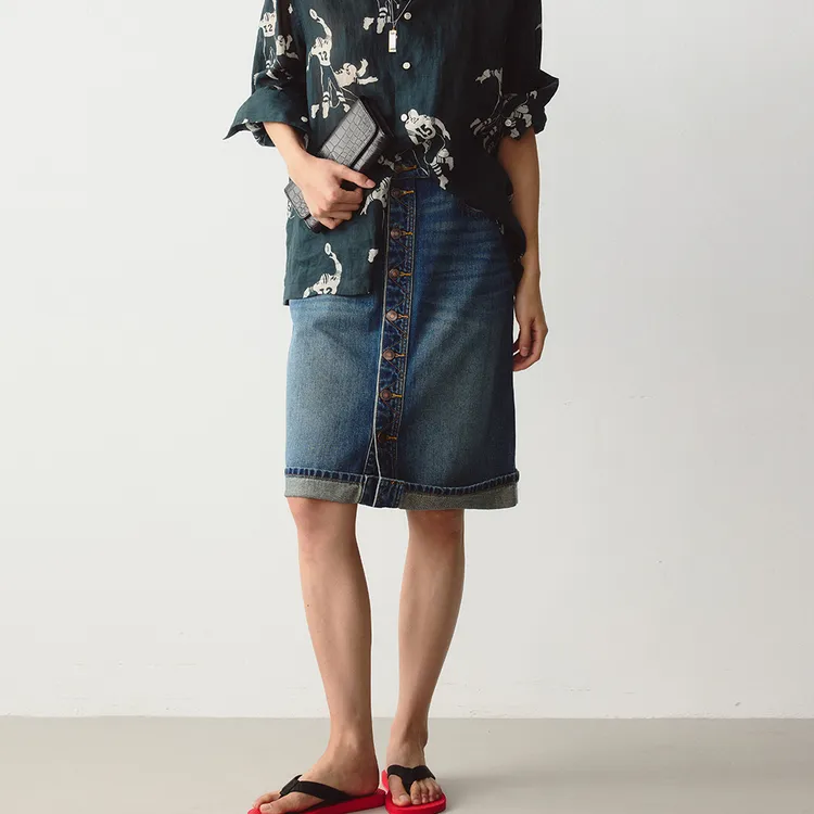 DE Mincollection翻边牛仔裙/排扣翻折复古洗水牛仔半身裙40391