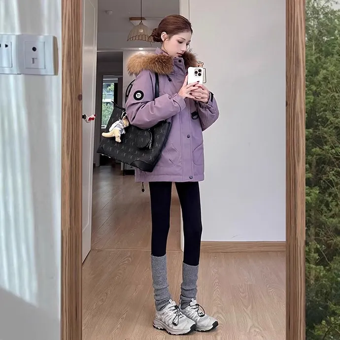 紫色工装连帽大毛领派克服2025女冬季高级感棉服加厚保暖棉衣外套