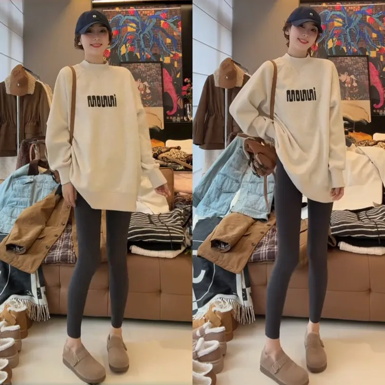 上身嘎嘎显瘦！时尚字母印花加厚长袖卫衣女冬季半高领中长款上衣