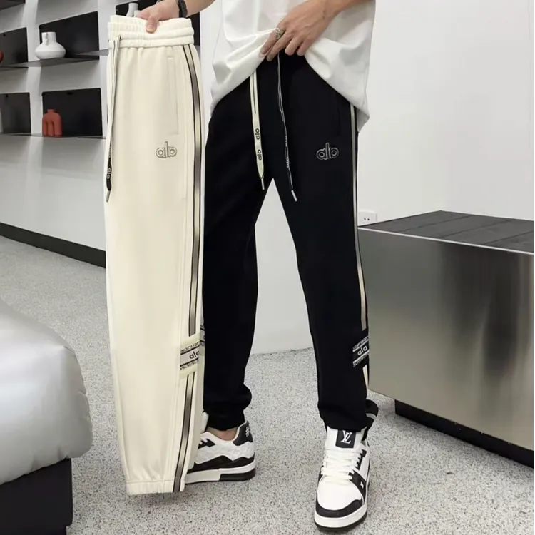 男士加绒加厚保暖休闲裤束脚修身显瘦织带拼接刺绣潮流百搭长裤潮