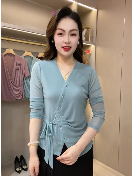 秋季上衣妈妈装时尚显瘦气质洋气系带休闲打底衫长袖