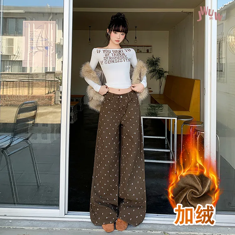 JWUW秋冬新款美式复古碎花加绒牛仔裤拖地慵懒风休闲百搭阔腿长裤