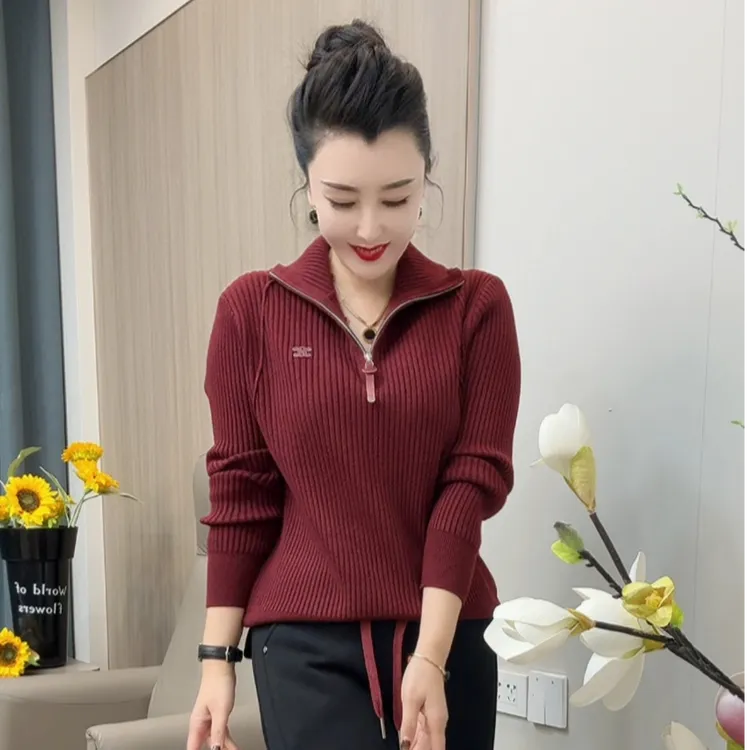 6863-毛针织衫百搭厚款针织洋气打底衫上衣套头款女半拉链