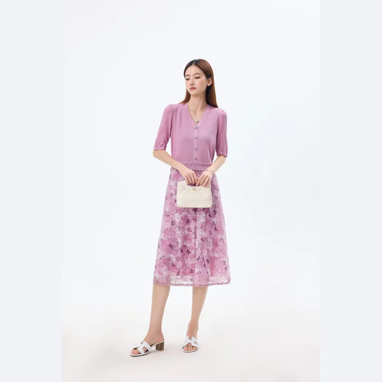 【玫瑰裙】珂家同款2025年夏季新款优雅气质针织V领拼接连衣裙女