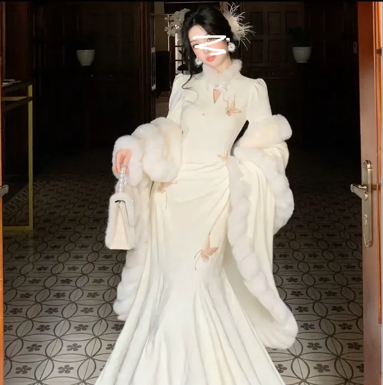 2025新中式高端气质国风高级感优雅蝴蝶刺绣旗袍+披肩套装9306