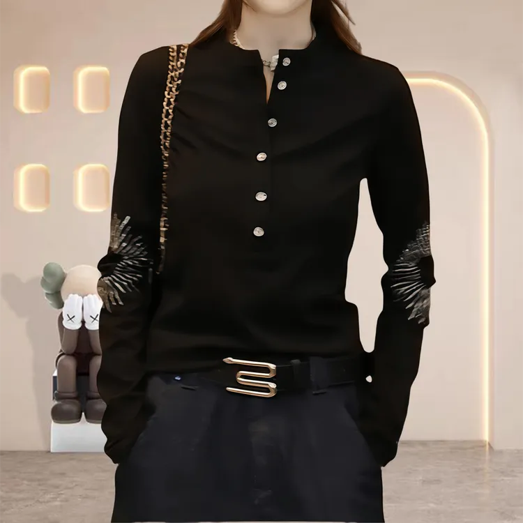 2025新款纽扣修身显瘦百搭上衣秋季酷飒风女装高级感烫钻长袖T恤