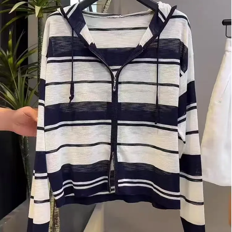 90-170斤早秋条纹连帽长袖防晒针织开衫夏季宽松大码休闲百搭上衣