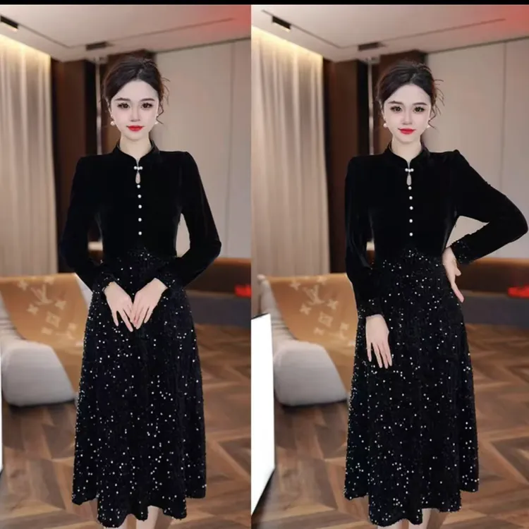 【衣雅严选】8088-1323#新款重磅植绒拼接亮片假两件气质款连衣裙