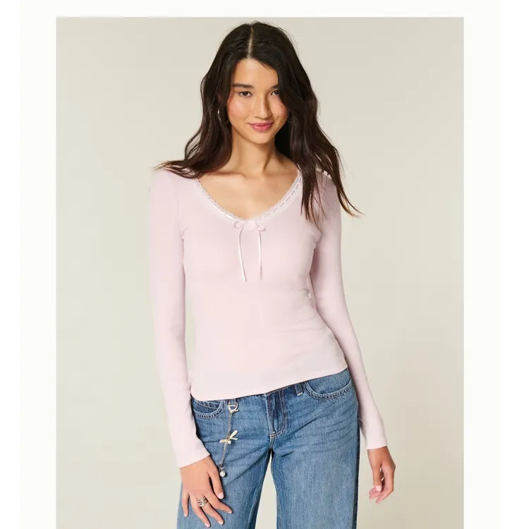 Hollister25秋季甜美修身蕾丝正肩长袖内搭T恤女装339-5253