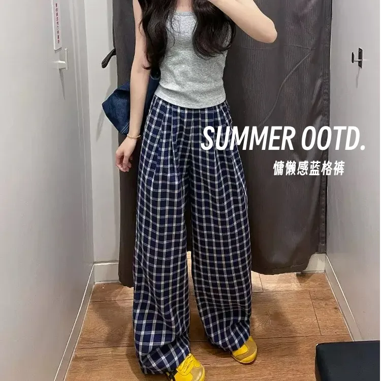 慵懒感百搭休闲蓝色格子阔腿裤女2025新款高腰宽松显瘦直筒拖地裤