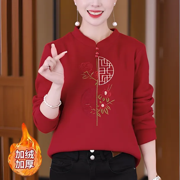 【新年富贵】冬季气质打底衫女士百搭一体绒保暖中老年上衣国风